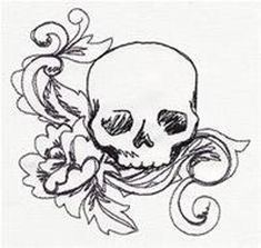 a drawing of a skull and flowers