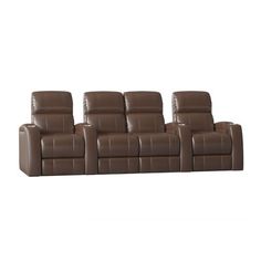 a row of brown leather recliners on a white background with no one in it