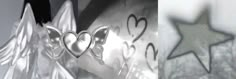 two different pictures with hearts and wings on the side of a clock, one in black and white