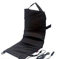 the back side of a black chair with two cords attached to it