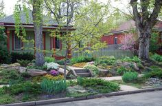 the front yard is full of flowers and trees