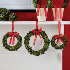 three wreaths are hanging on the mantle with red ribbon around them and two potted plants