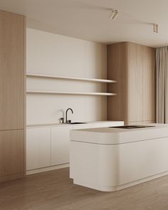 an empty kitchen with white counters and wooden shelves on the wall, along with open windows