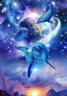 two dolphins are floating in the ocean with stars and planets above them, as if they were flying through the air