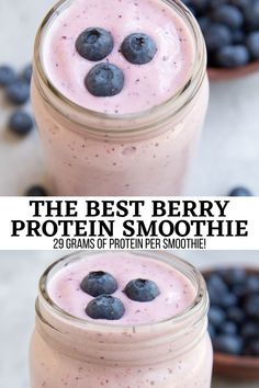 the best berry protein smoothie in a mason jar with blueberries on top and bottom