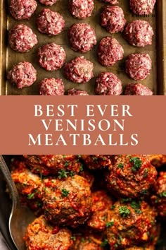 meatballs in a pan with text overlay that reads best ever venison meatballs