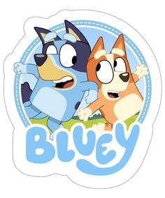 an image of two cartoon dogs with the word bluey on it's side