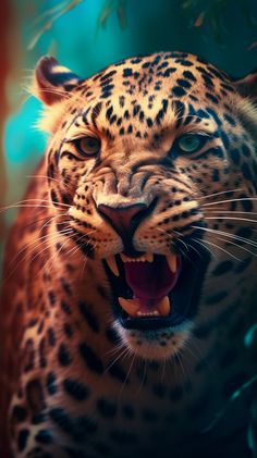 a close up of a leopard with its mouth open