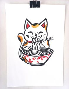 a drawing of a cat eating noodles with chopsticks