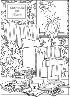 a coloring book with chairs and books on the floor in front of a window that reads,