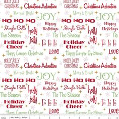 christmas words on white background with red and green lettering, including the word holiday cheer