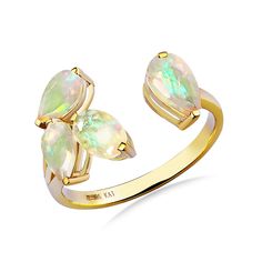 14K Solid Gold 4 Pieces Opal｜Fire White｜Pear & Oval｜Eye Clean Opal CTW: 1.10 Natural Opal, Open Ring, Real Gold, Pear Shaped, Solid Gold, Pear, Opal, Fine Jewelry, White Gold