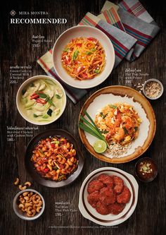 an overhead view of various dishes on a wooden table with text describing the different types of food in each plate