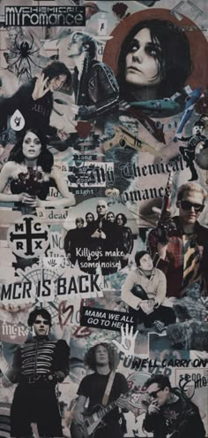 a collage of pictures and words on a wall