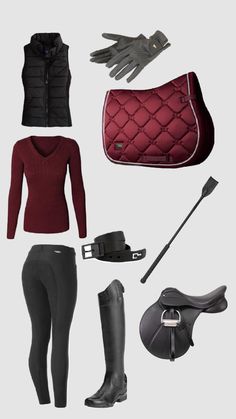 a woman's equestrian gear including riding boots, gloves and saddles is shown in this image