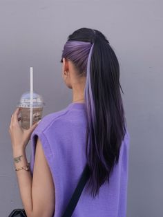 Purple Shade Hair Color, Dark Brown Hair With Peekaboo Color, Two Different Colored Hair, Peekaboo Short Hair, Purple Hair With Highlights, Colored Hair Streaks, Purple Hair Ponytail, Purple Underdye Hair, Blonde Peekaboo Hair