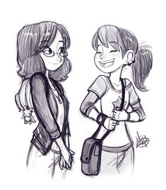 two girls standing next to each other with one holding a purse and the other smiling