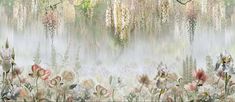 an artistic painting of flowers and birds flying over them in the foggy sky with mist