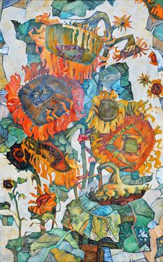 a painting with many different colors and designs on it, including flowers in the center