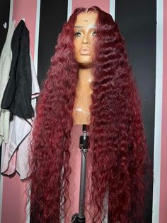 Burgundy Hair Deep Wave, Long Red Wigs For Black Women, Red Wig Curly, 30 Inch Bussdown Middle Part Red, Dark Wig Colors, Burgundy Water Wave Wig Hairstyles, Red Crimped Wig, Red Deep Wave Hair Black Women