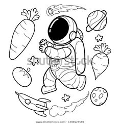 an astronaut floating in space with carrots and other objects around him, outlined on a white