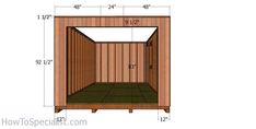 a wooden shed with measurements for the door and side walls, including the floor area