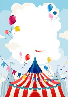 a circus tent with balloons and streamers in the sky above it is a blank sign