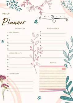 a daily planner with flowers and leaves on it