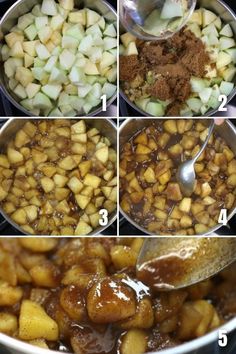 the steps to make apple cider are shown in four different pictures, including apples and caramel sauce