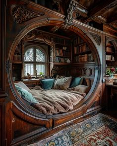 a bedroom with a bed, bookshelf and large circular mirror in the middle