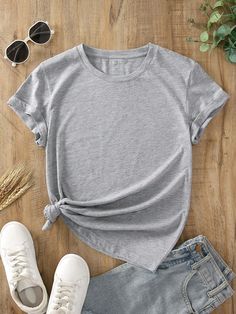 Women's Solid Color Simple Short Sleeve T-Shirt Light Grey Casual  Short Sleeve Fabric Plain  Slight Stretch Summer Women Clothing, size features are:Bust: ,Length: ,Sleeve Length: Basic Tee Shirts, Plain Gray T-shirt For Spring, Cheap Casual Gray T-shirt, Cute Gray Short Sleeve T-shirt, Cheap Heather Grey Casual T-shirt, Basic Gray Short Sleeve T-shirt, Solid Color Shirt, Women T Shirts, Grey Shirt