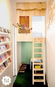 there is a loft bed with a ladder to the top and bookshelf below