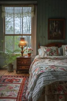 a bed sitting in a bedroom next to a window