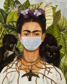 a painting of a woman wearing a face mask with two monkeys on her shoulder and one cat in the background