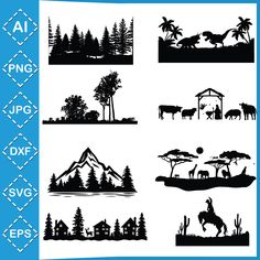 the silhouettes of different animals and trees