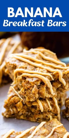 banana breakfast bars stacked on top of each other with drizzled icing