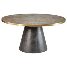 a round wooden table with gold trim around the edges and an oval metal base, against a white background