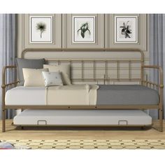 a day bed sitting in front of two framed pictures