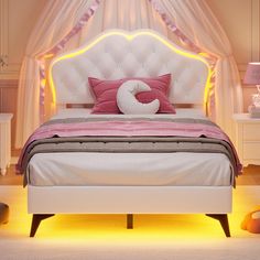 Twin Bed Frame with LED Lights, Princess Bed Frame with Adjustable Crystal Button Headboard, Velet Girls Bed With Storage, Princess Bed Frame, Button Headboard, Bed With Storage Drawers, Girls Bed, Led Bed, Led Bed Frame, Headboard With Lights, Princess Bed