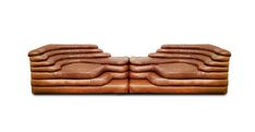 a group of brown leather couches sitting next to each other on a white background