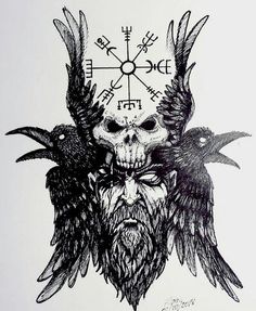 a black and white drawing of two crows on top of a skull with an inverted cross