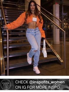 This outfit combines an orange open jacket with a top which reveals the abdomen. It is completed with jeans and pink and white accessories such as the shoes and the handbag. Visit our instagram @inspofits_women for daily new inspirig posts! Fashion Jackets For Women, Orange Crop Top, Instagram Baddie, Looks Black, Causual Outfits, Streetwear Fashion Women, Baddie Outfits Casual, Cute Simple Outfits, Teenage Fashion Outfits