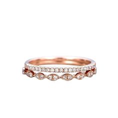 a rose gold wedding band with white diamonds