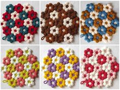 four crocheted coasters with different colors and designs on them, all made up of