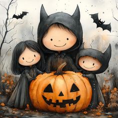 three children dressed up in halloween costumes sitting on a pumpkin