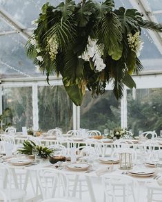 tables set up for an event with white chairs and greenery hanging from the ceiling