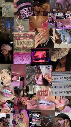 a collage of photos with pink hair and jewelry on it's sides, including the words i am an angel