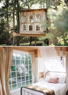 there are two pictures of a tree house in the woods, one is made out of wood