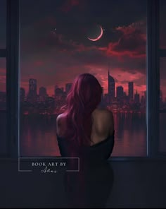 a woman with long red hair looking out a window at the city and moon in the sky