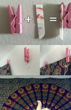 two pictures showing how to make a paper fan and hang it on the wall with clothes pins